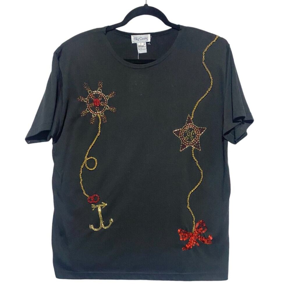 Oleg Cassini Top Women's Large Short Sleeve Black with Beaded Accents